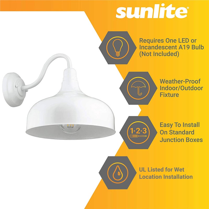 Sunlite 46068-SU Gooseneck Rustic Barn Light Fixture, Wall Mount, Medium Base (E26) Socket, Standard A19 Bulb Required (60W Max), 12 Inch, Indoor and Outdoor Use, ETL Listed Wet Location, White - Image 4